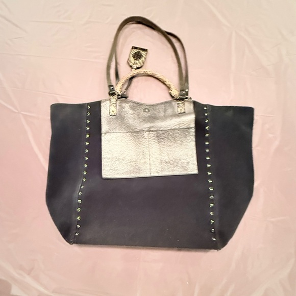 Rafe Silver/Black Metallic Leather Large Tote Bag w/ Snakeskin & Studs $498 - Picture 4 of 15